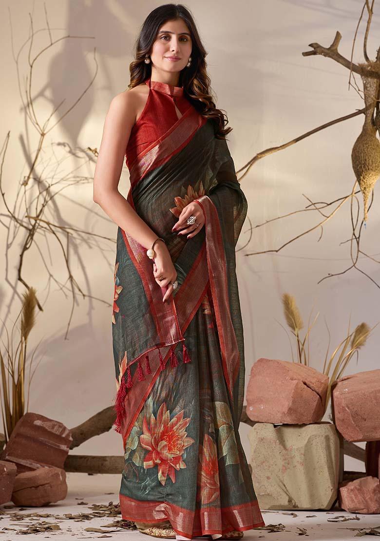 Dark Green Motif Faux Linen Saree Set - Indya