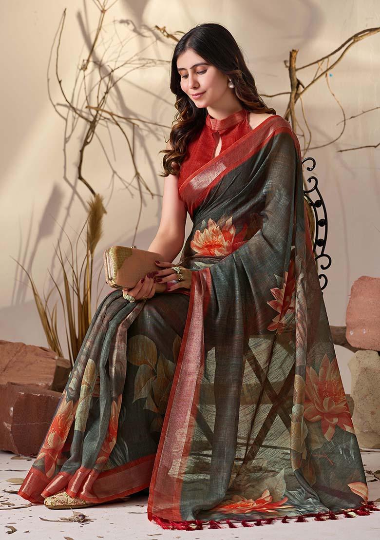 Dark Green Motif Faux Linen Saree Set - Indya