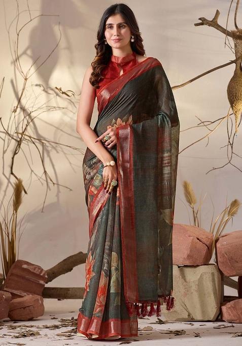 Dark Green Motif Faux Linen Saree Set
