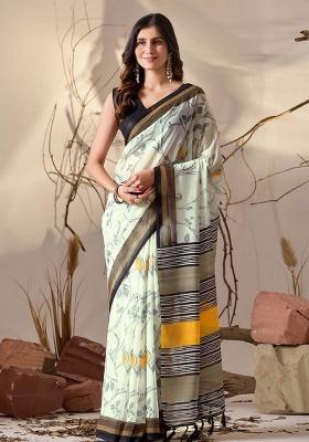 Light Green Motif Faux Linen Saree Set