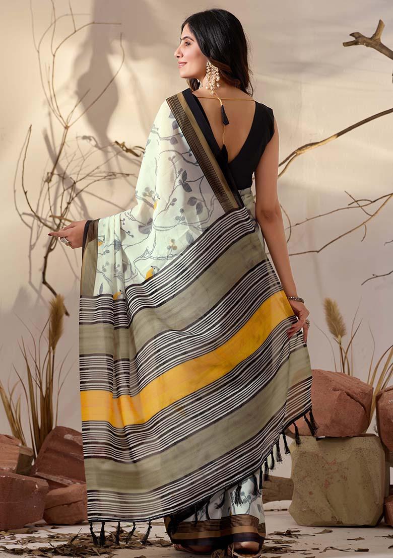 Light Green Motif Faux Linen Saree Set - Indya