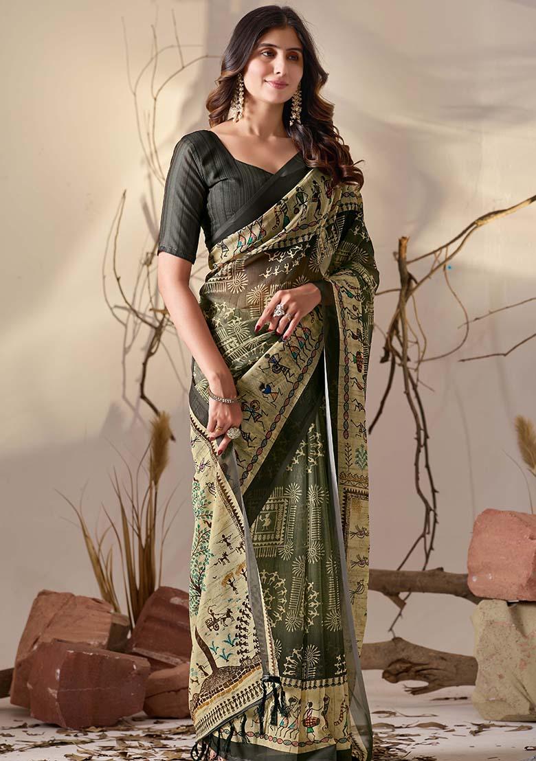 Olive Motif Georgette Saree Set - Indya