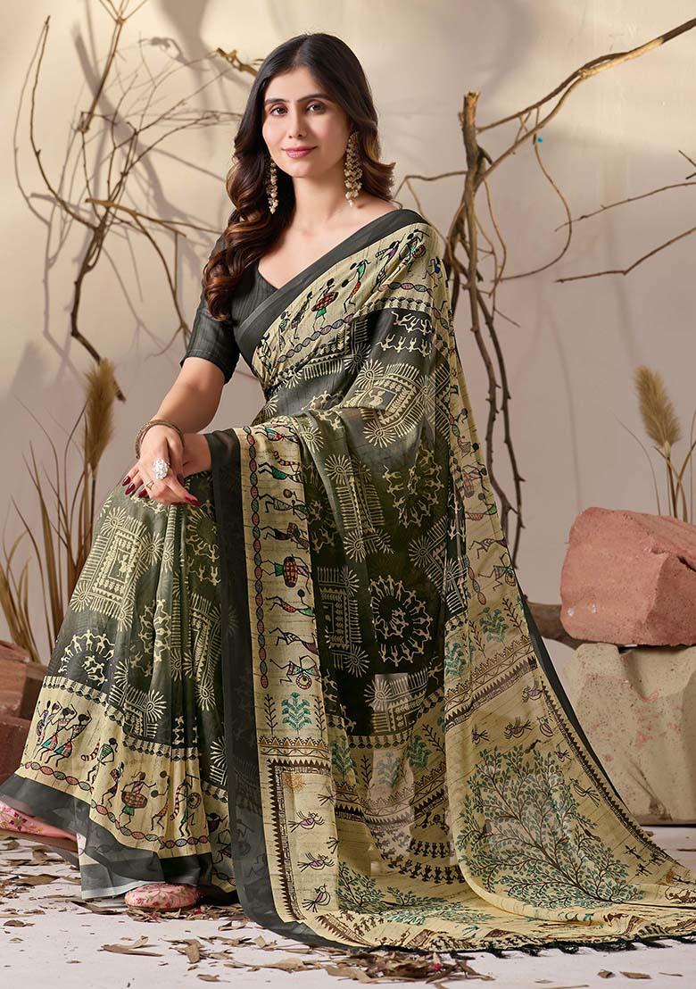 Olive Motif Georgette Saree Set - Indya