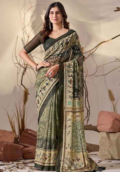 Olive Motif Georgette Saree Set