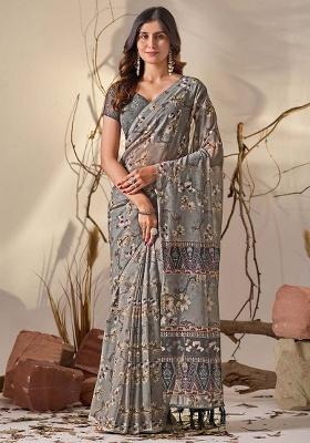 Grey Motif Georgette Saree Set