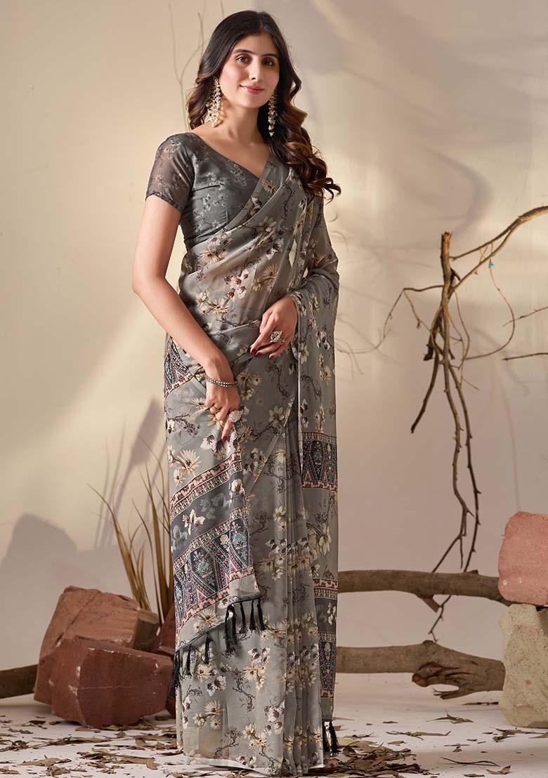 Grey Motif Georgette Saree Set - Indya