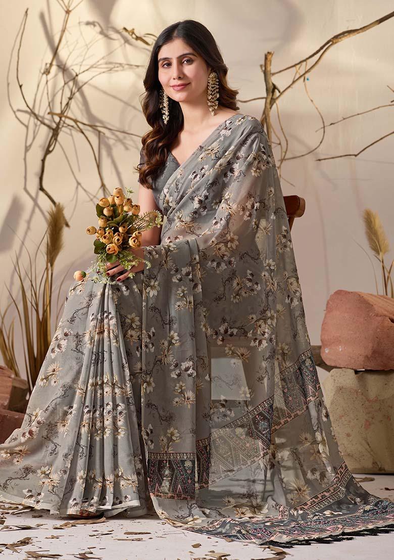 Grey Motif Georgette Saree Set - Indya