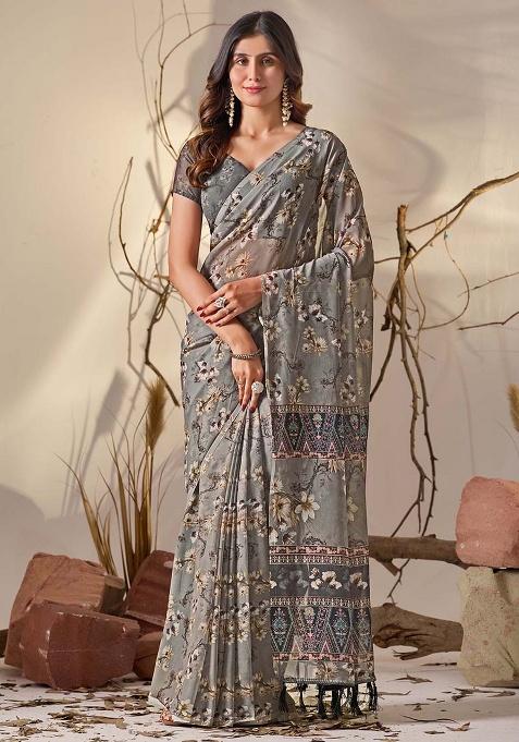Grey Motif Georgette Saree Set