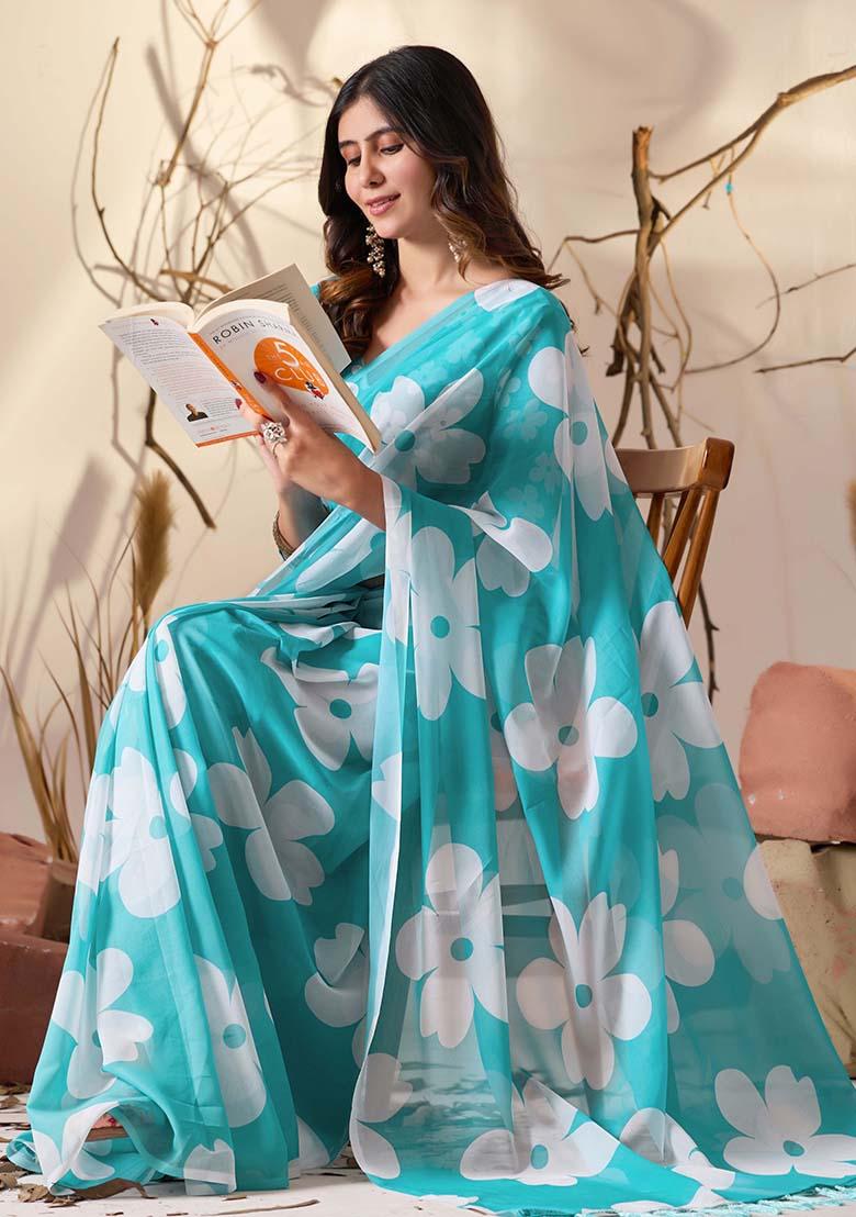 Aqua Blue Motif Georgette Saree Set - Indya