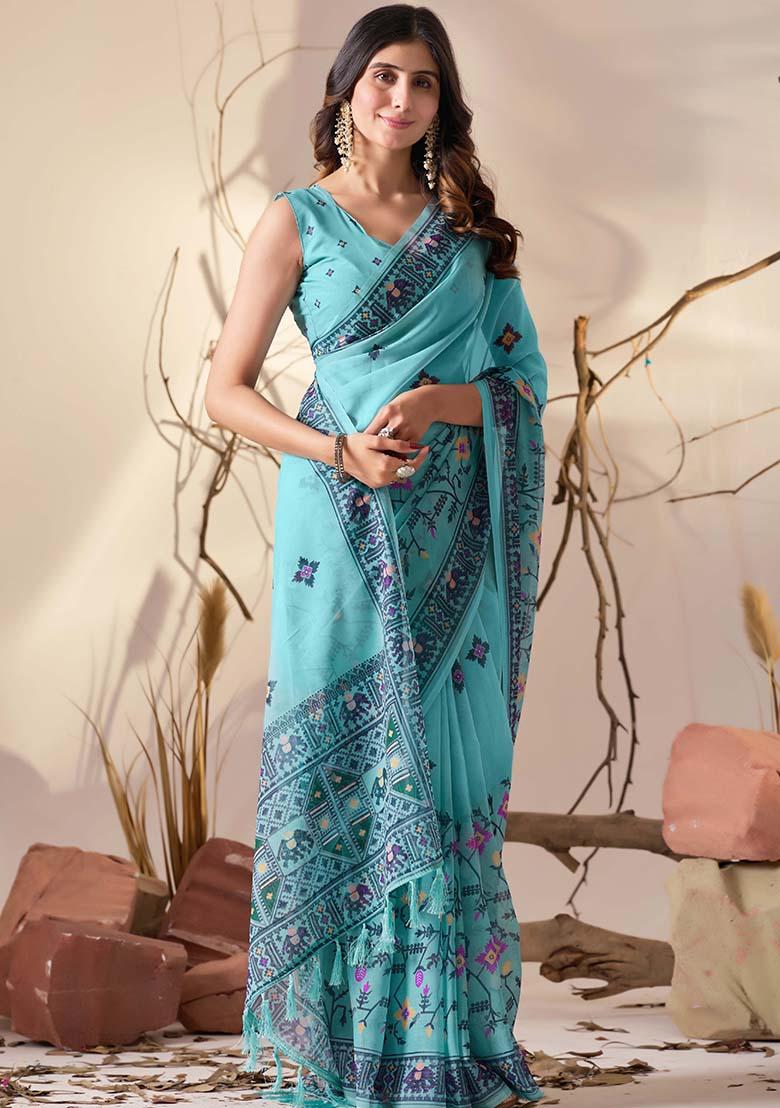 Aqua Blue Motif Georgette Saree Set - Indya