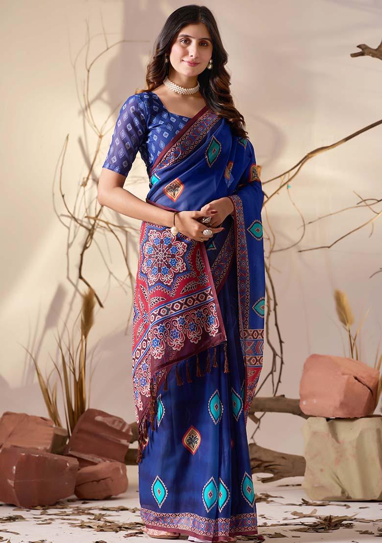 Blue Motif Georgette Saree Set - Indya