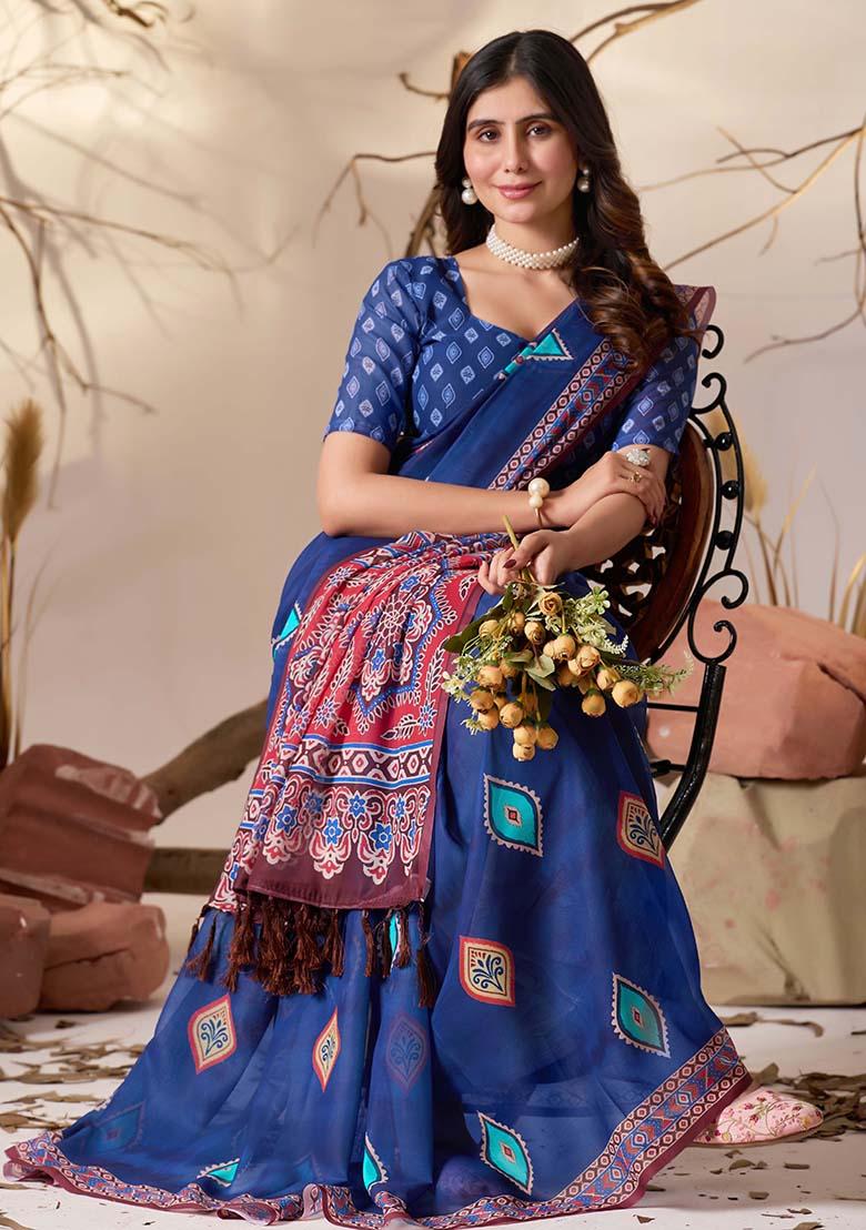 Blue Motif Georgette Saree Set - Indya