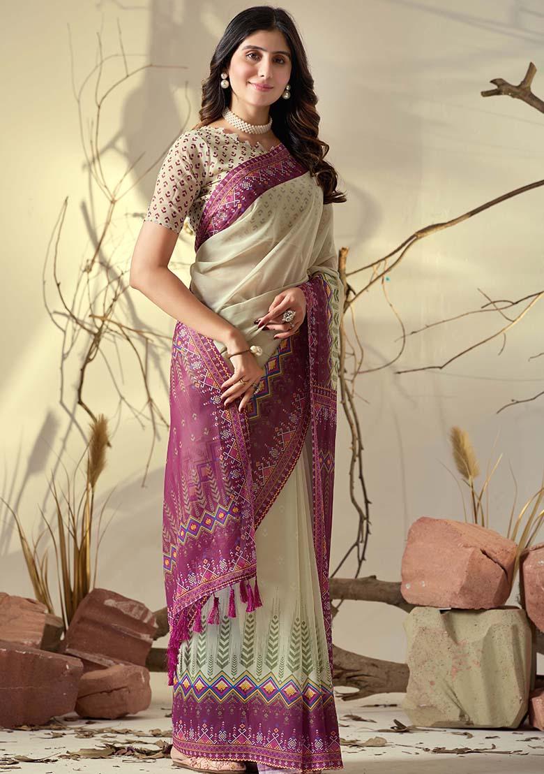 Light Green Motif Georgette Saree Set - Indya