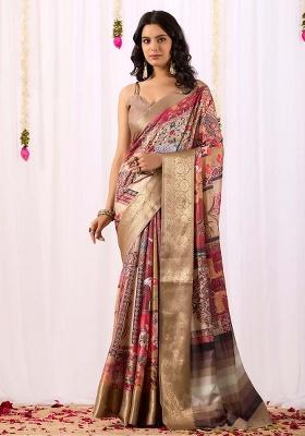 Beige Motif Silk Saree Set