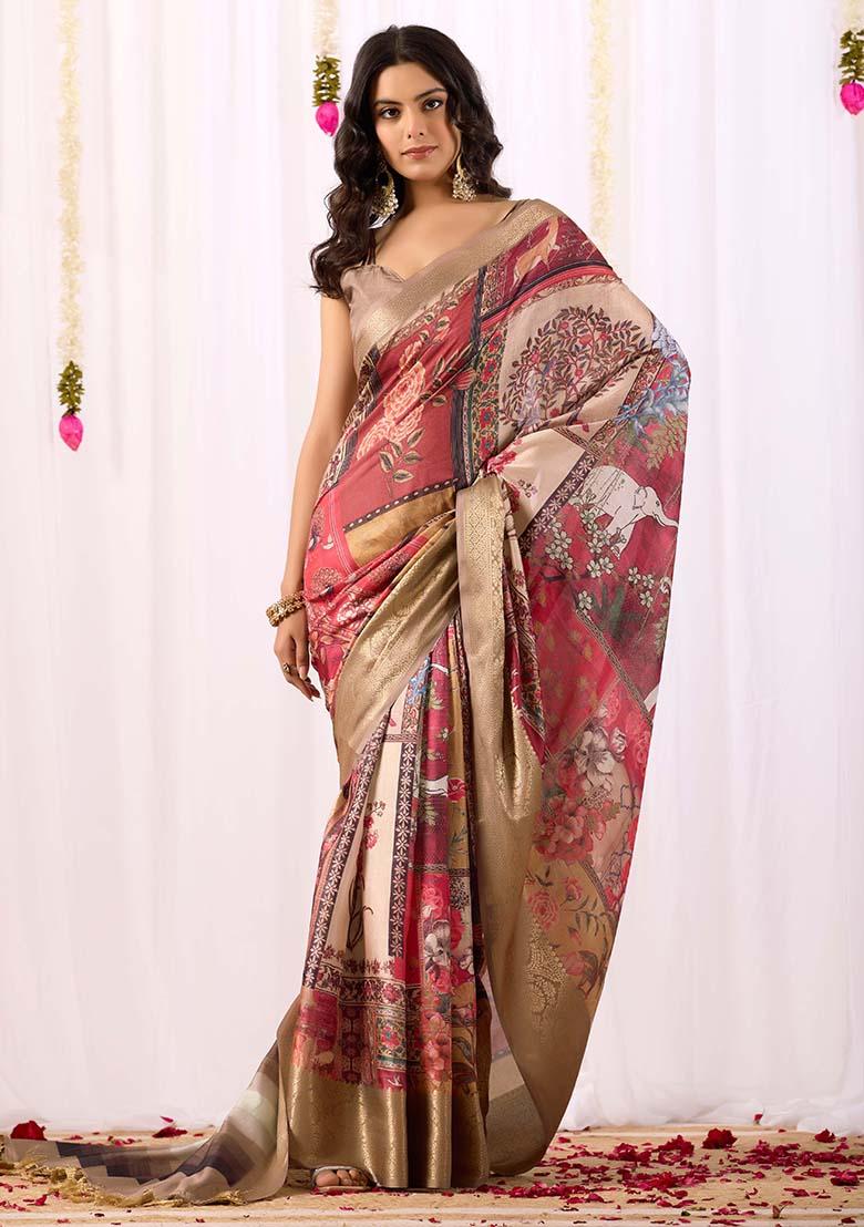 Beige Motif Silk Saree Set - Indya