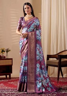 Blue Motif Silk Saree Set
