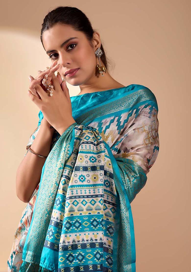 Beige Motif Silk Saree Set - Indya