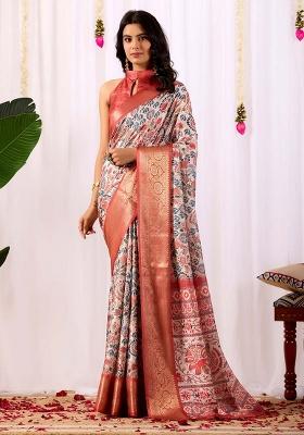 Off White Motif Silk Saree Set