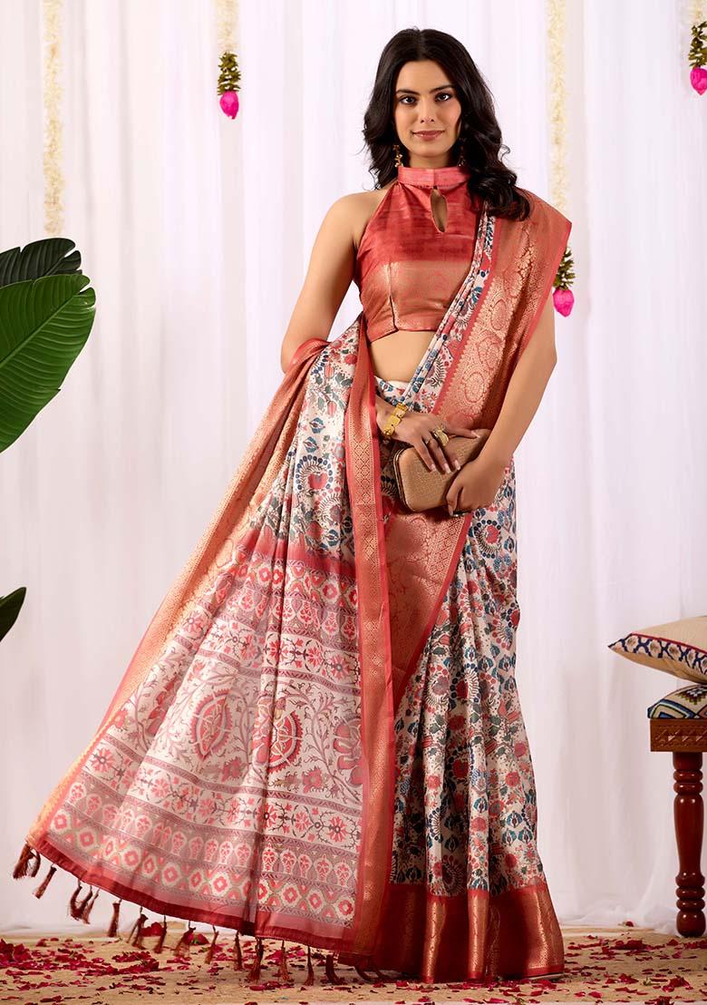 Off White Motif Silk Saree Set - Indya