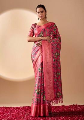 Pink Motif Silk Saree Set