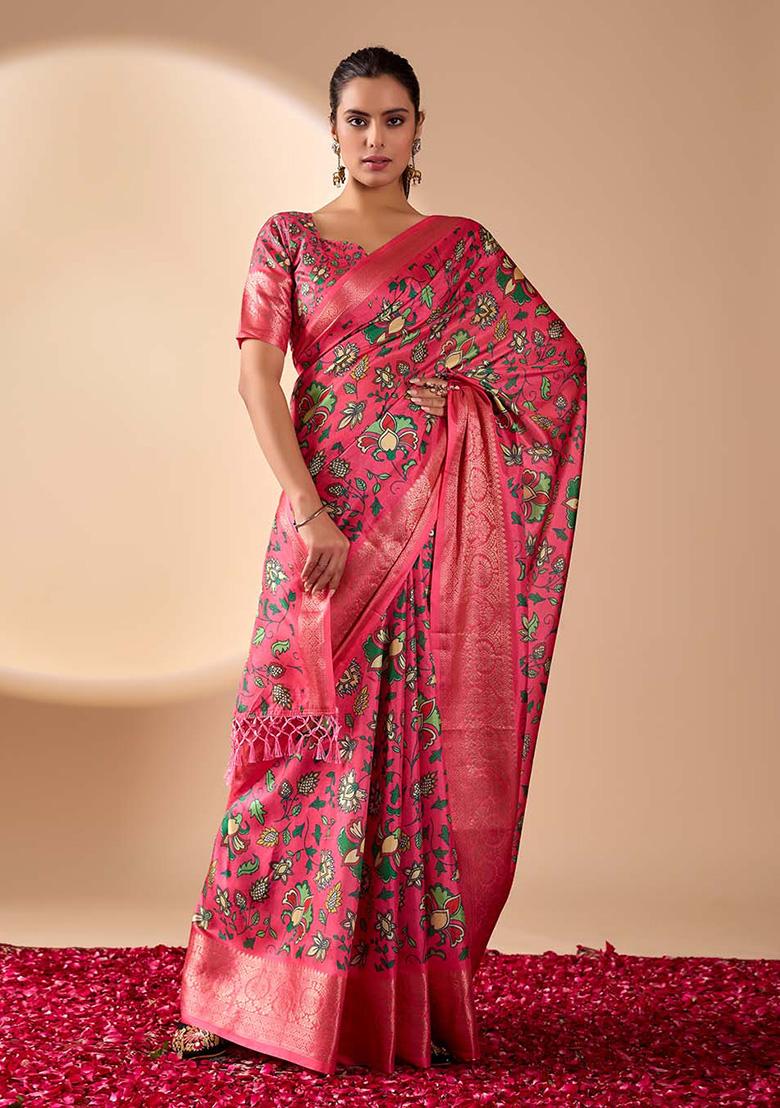 Pink Motif Silk Saree Set - Indya