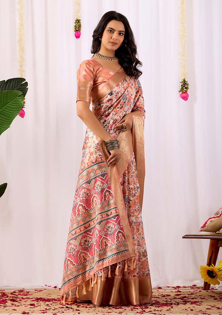 Peach Motif Silk Saree Set - Indya