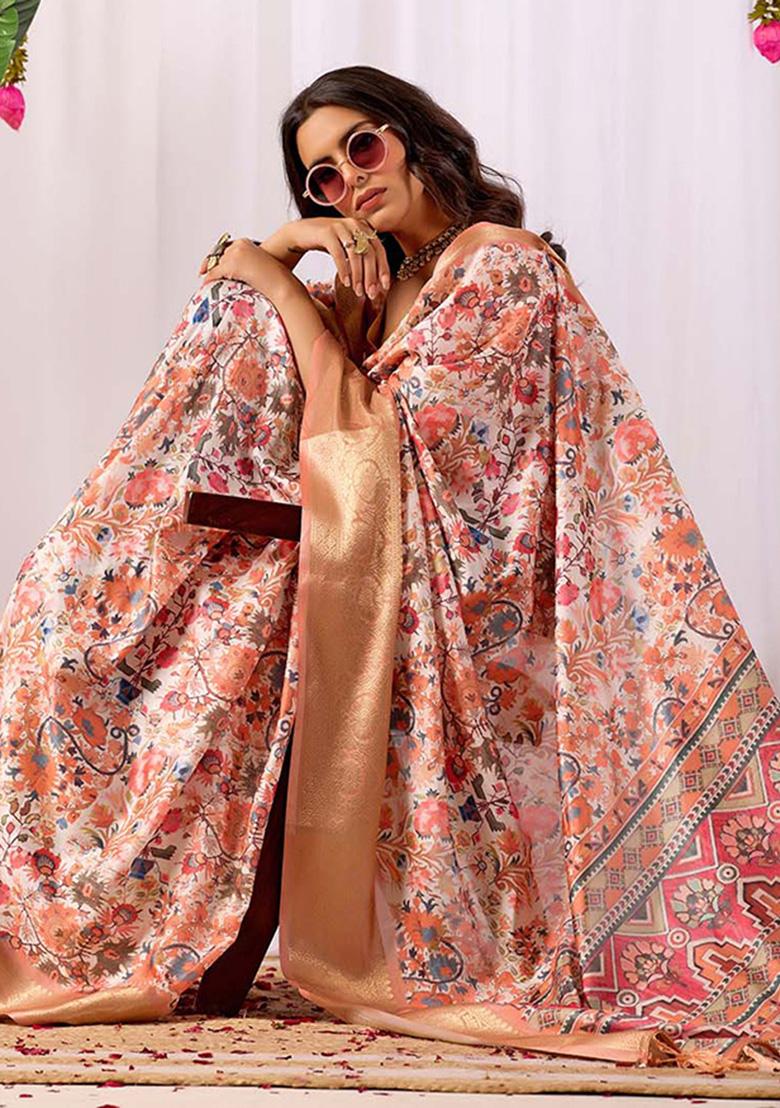 Peach Motif Silk Saree Set - Indya