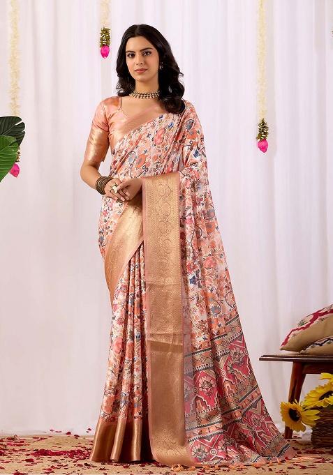 Peach Motif Silk Saree Set