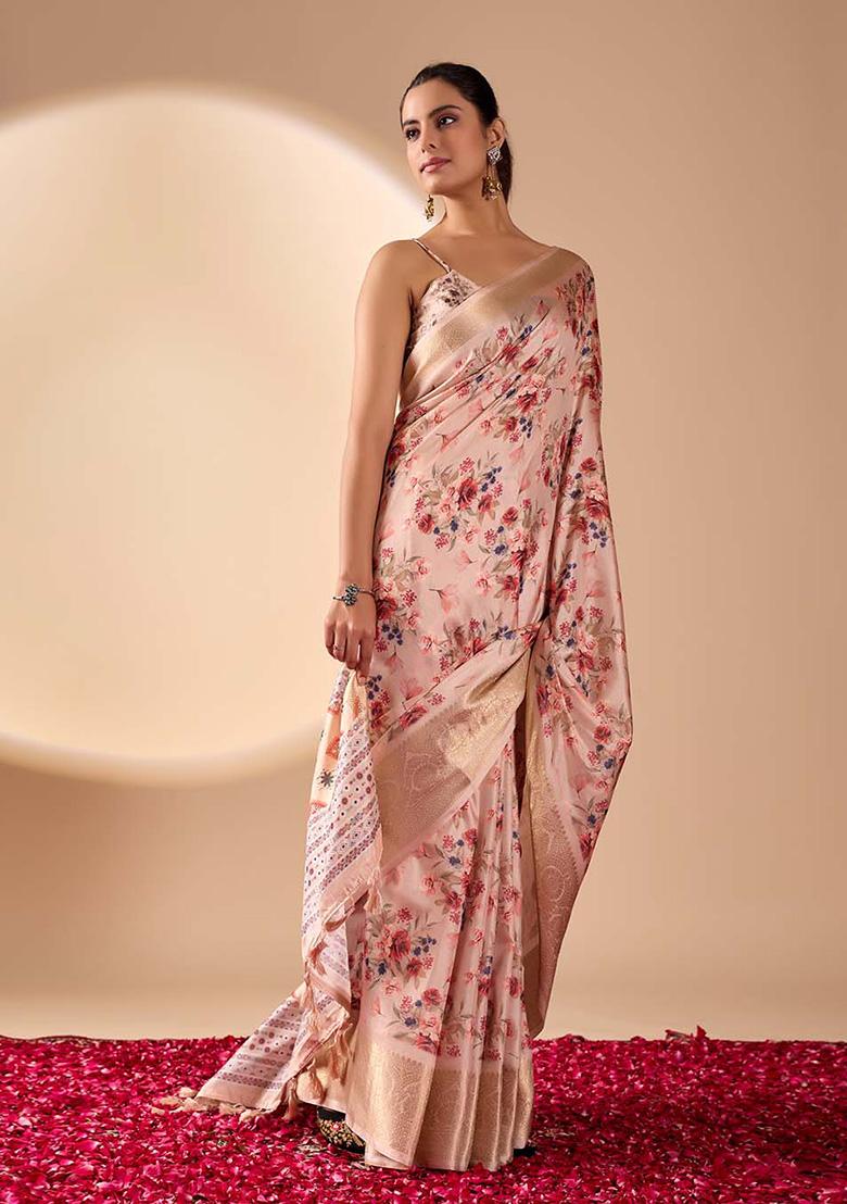 Light Mauve Motif Silk Saree Set - Indya