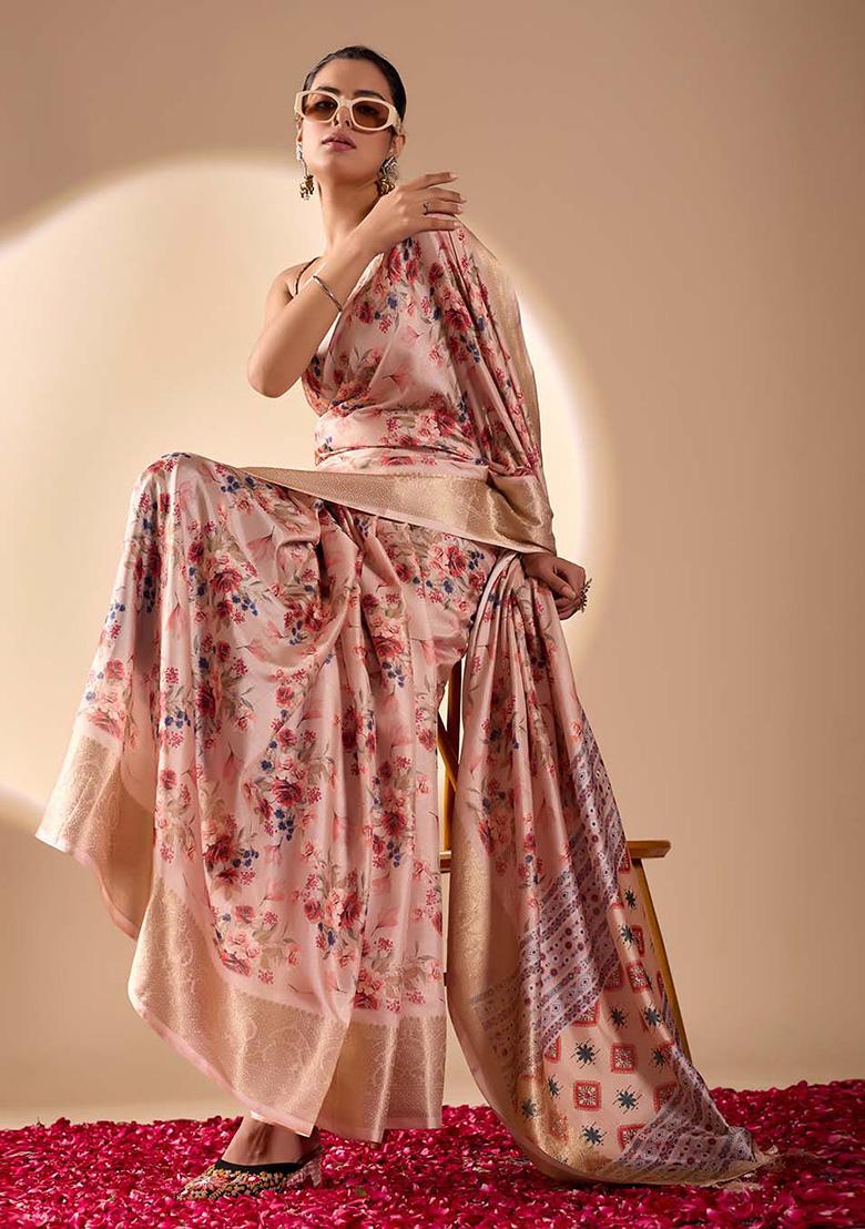 Light Mauve Motif Silk Saree Set - Indya