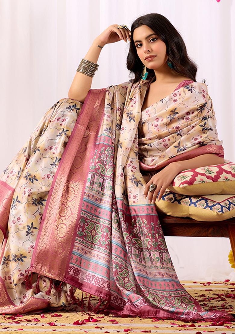 Beige Motif Silk Saree Set - Indya
