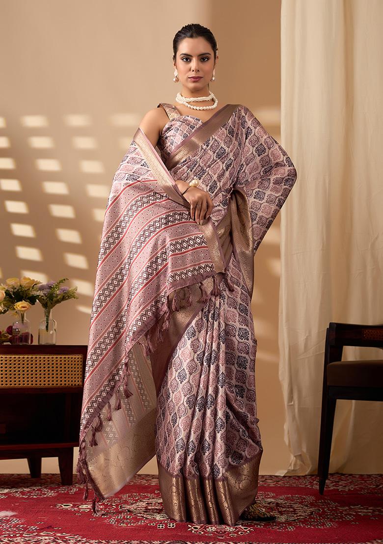 Light Mauve Motif Silk Saree Set - Indya