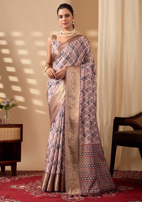 Light Mauve Motif Silk Saree Set