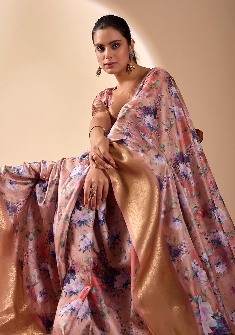 Peach Motif Silk Saree Set - Indya