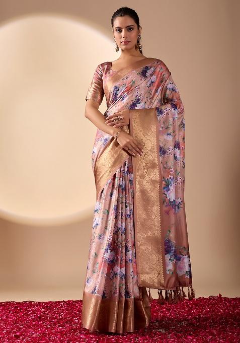 Peach Motif Silk Saree Set