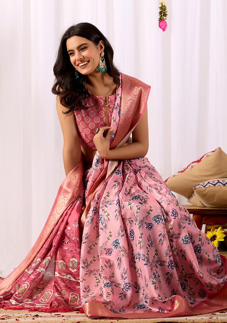 Light Pink Motif Silk Saree Set - Indya