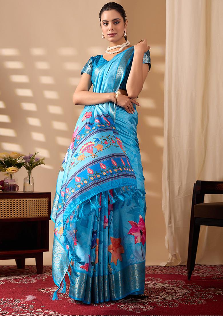 Sky Blue Motif Silk Saree Set - Indya
