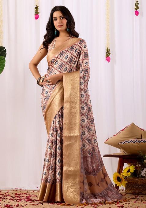 Multicolor Motif Silk Saree Set