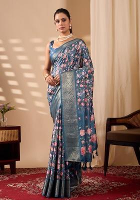 Blue Motif Silk Saree Set