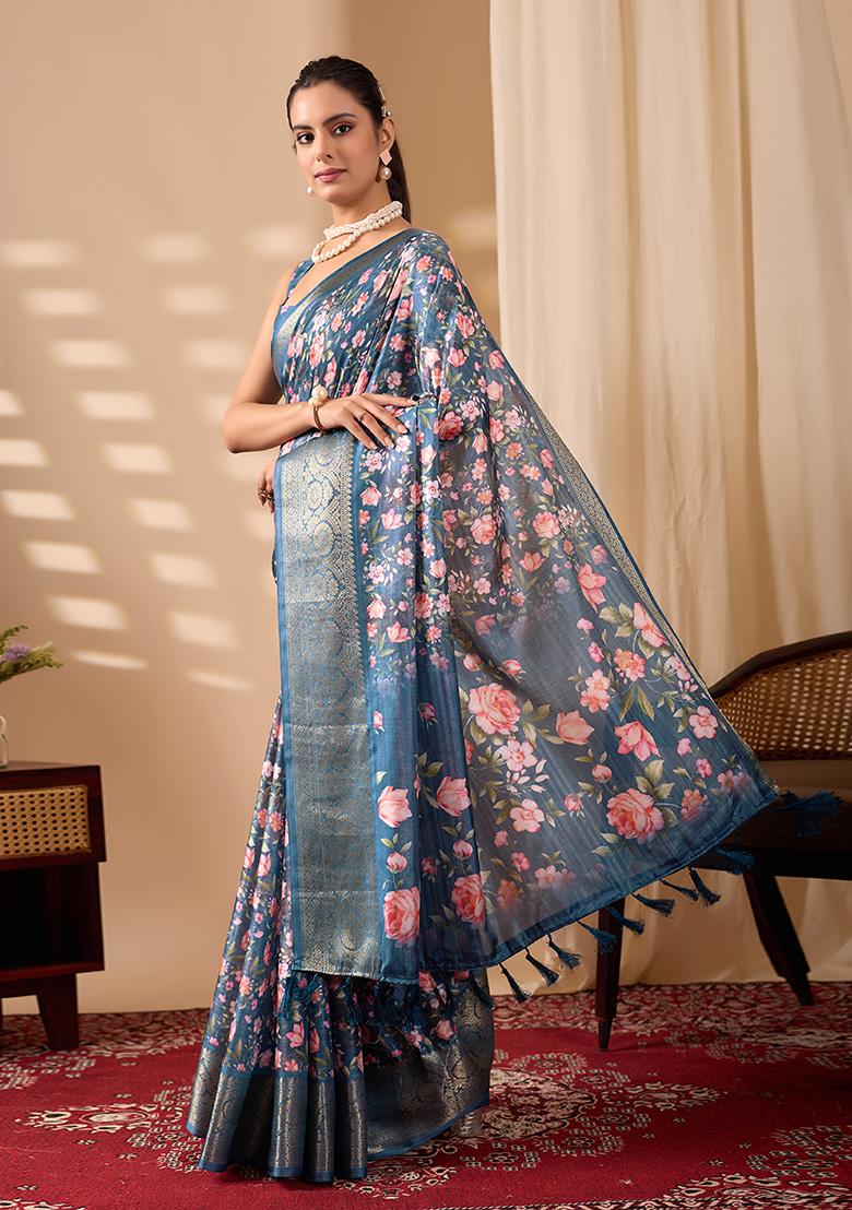 Blue Motif Silk Saree Set - Indya