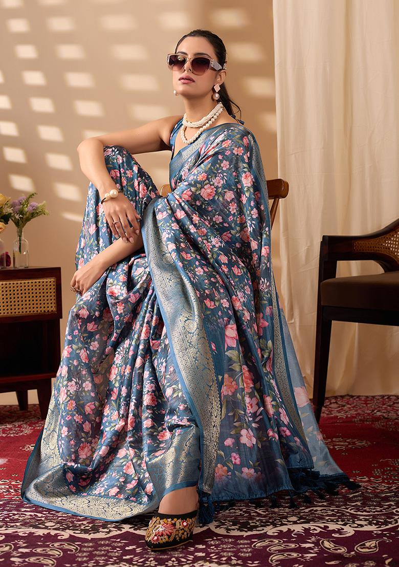Blue Motif Silk Saree Set - Indya