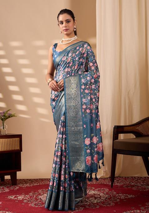 Blue Motif Silk Saree Set