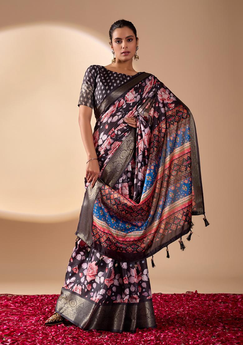 Blue Motif Silk Saree Set - Indya