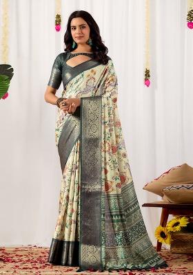 Off White Motif Silk Saree Set