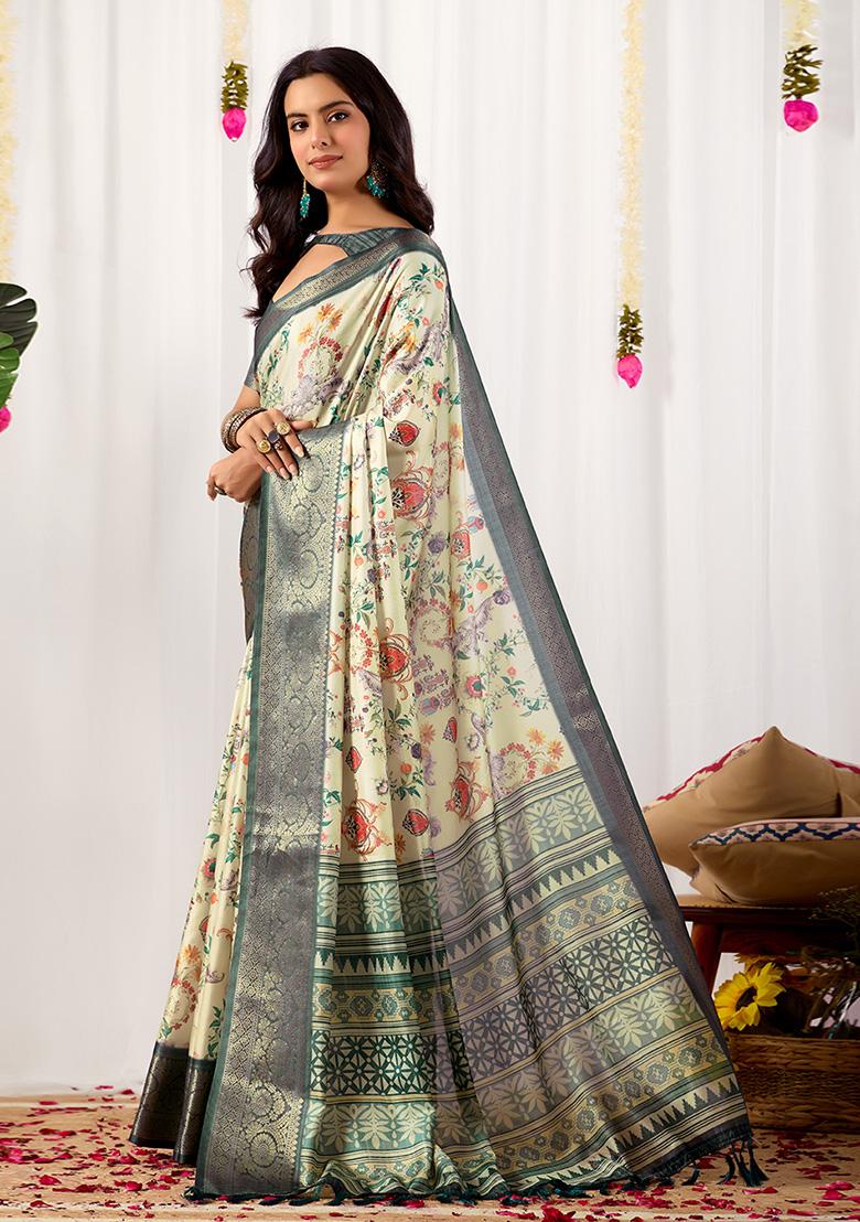 Off White Motif Silk Saree Set - Indya