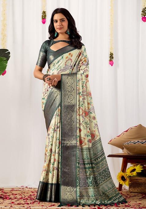 Off White Motif Silk Saree Set