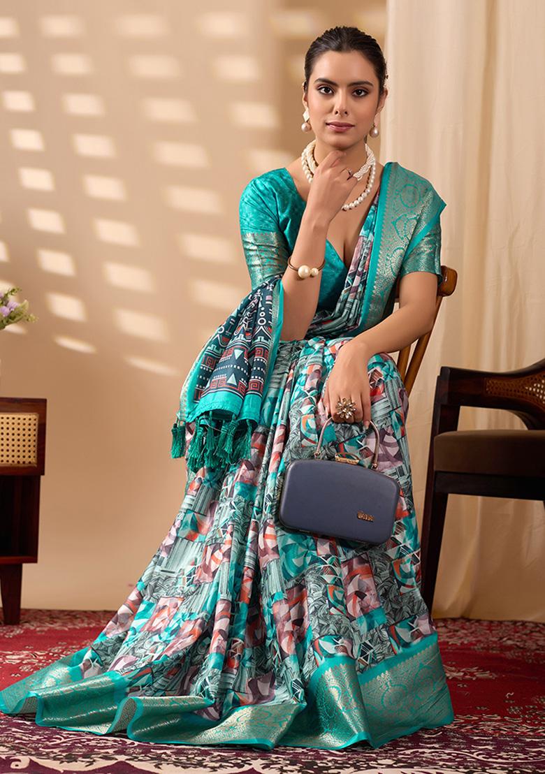Turquoise Motif Silk Saree Set - Indya