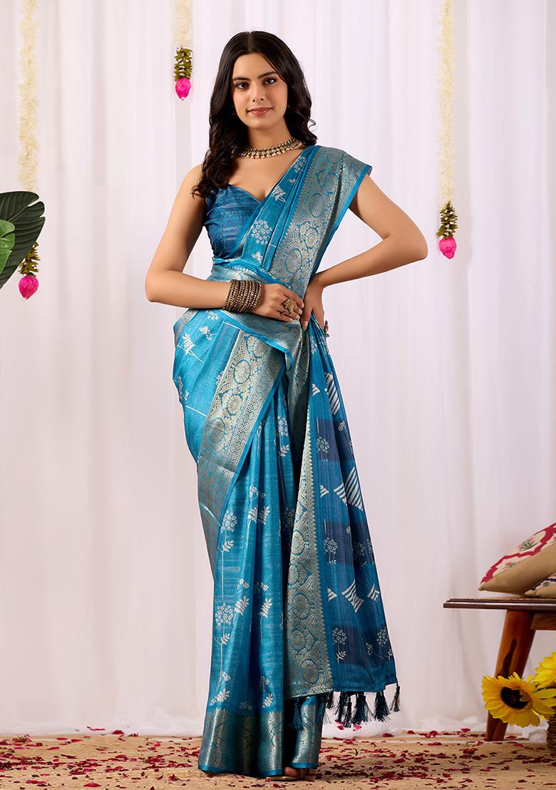 Turquoise Motif Silk Saree Set - Indya