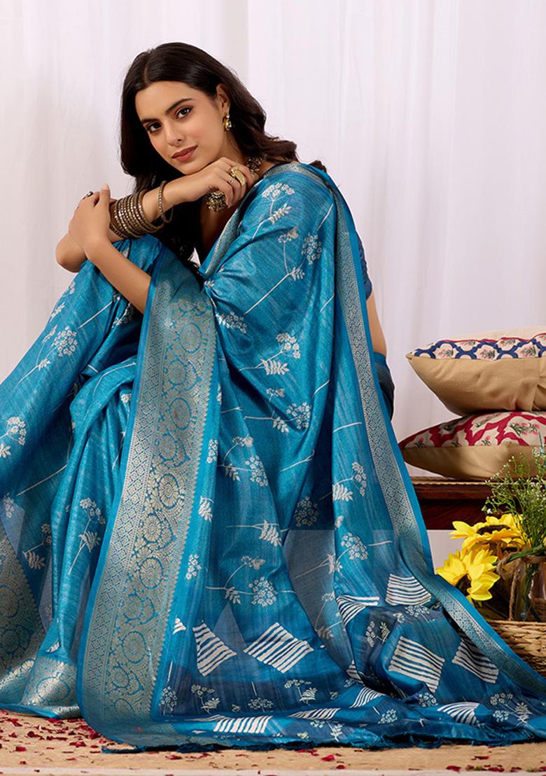 Turquoise Motif Silk Saree Set - Indya