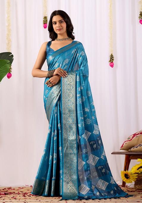 Turquoise Motif Silk Saree Set